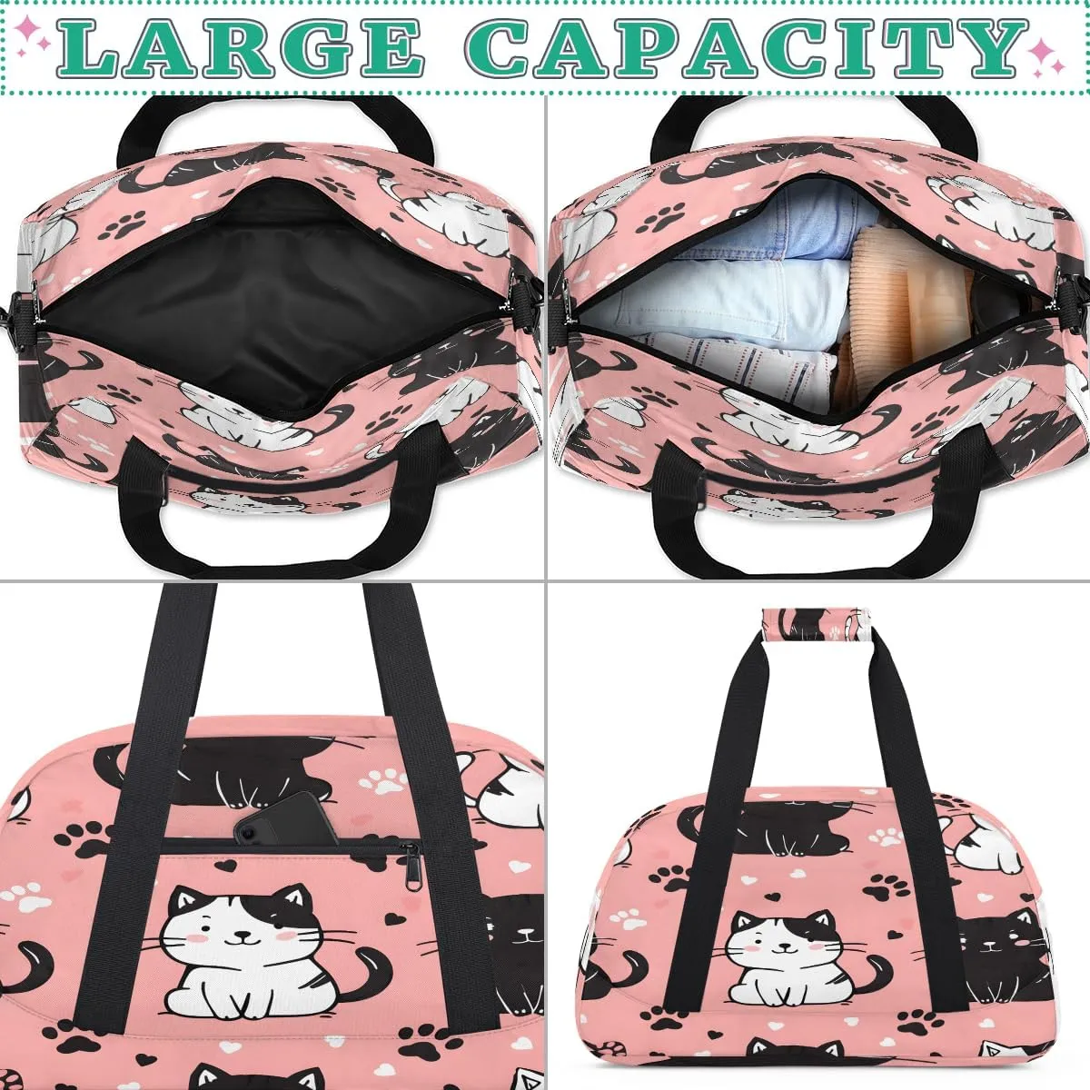 Black and White Cat Kids Overnighter Duffel Bags for Boys, Carry-On Size Sports Gym Bag with Front Zipper Pocket for School Practice or Overnight Travel Weekender Sleepover Tote Bag