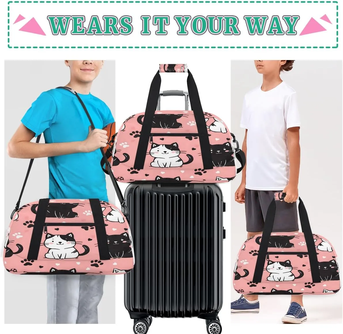 Black and White Cat Kids Overnighter Duffel Bags for Boys, Carry-On Size Sports Gym Bag with Front Zipper Pocket for School Practice or Overnight Travel Weekender Sleepover Tote Bag