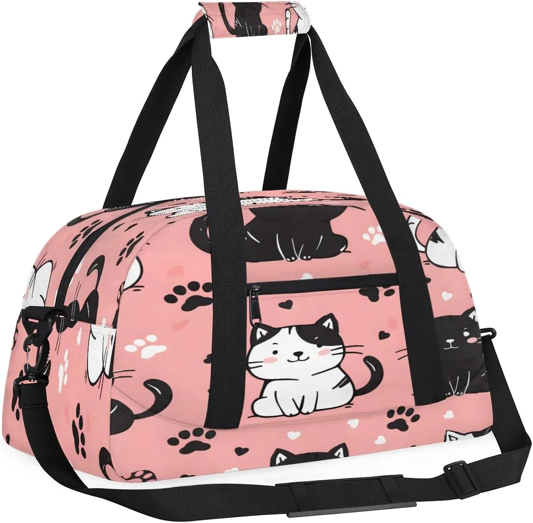 Black and White Cat Kids Overnighter Duffel Bags for Boys, Carry-On Size Sports Gym Bag with Front Zipper Pocket for School Practice or Overnight Travel Weekender Sleepover Tote Bag
