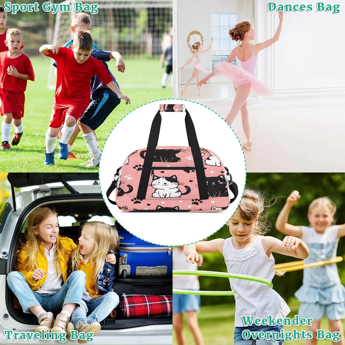 Black and White Cat Kids Overnighter Duffel Bags for Boys, Carry-On Size Sports Gym Bag with Front Zipper Pocket for School Practice or Overnight Travel Weekender Sleepover Tote Bag