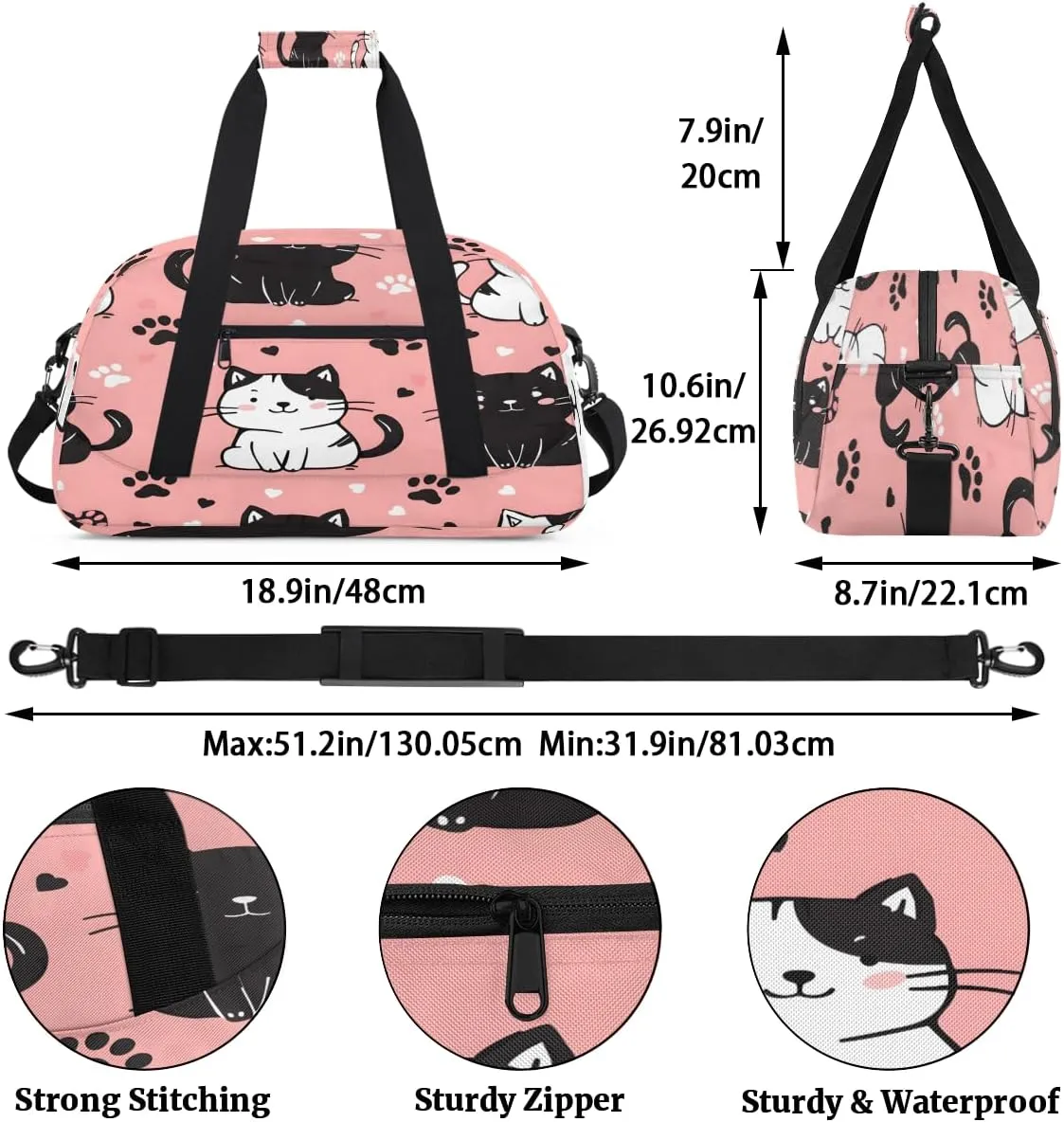Black and White Cat Kids Overnighter Duffel Bags for Boys, Carry-On Size Sports Gym Bag with Front Zipper Pocket for School Practice or Overnight Travel Weekender Sleepover Tote Bag