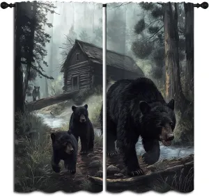 Black Bear Blackout Curtains for Boys Girl Bedroom Decor,Misty Forest Hunting Cabin Animal Family Thermal Insulated Rod Pocket Drapes Darkening Window Curtain for Living Room Home 55x63 inch