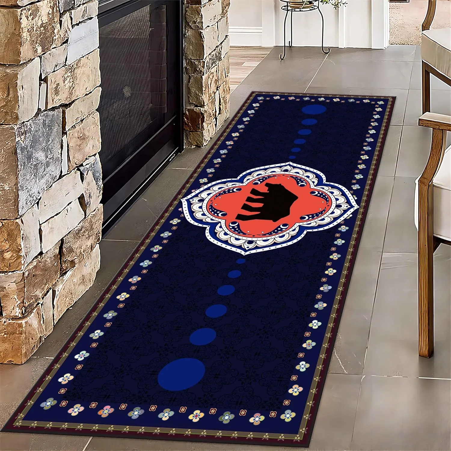 Black Bear Runner Rug, 2x7ft Vintage Country Cabin Navy Blue Wildlife Hallway Long Rug, Non-Slip Durable for Kitchen Bathroom Entrance