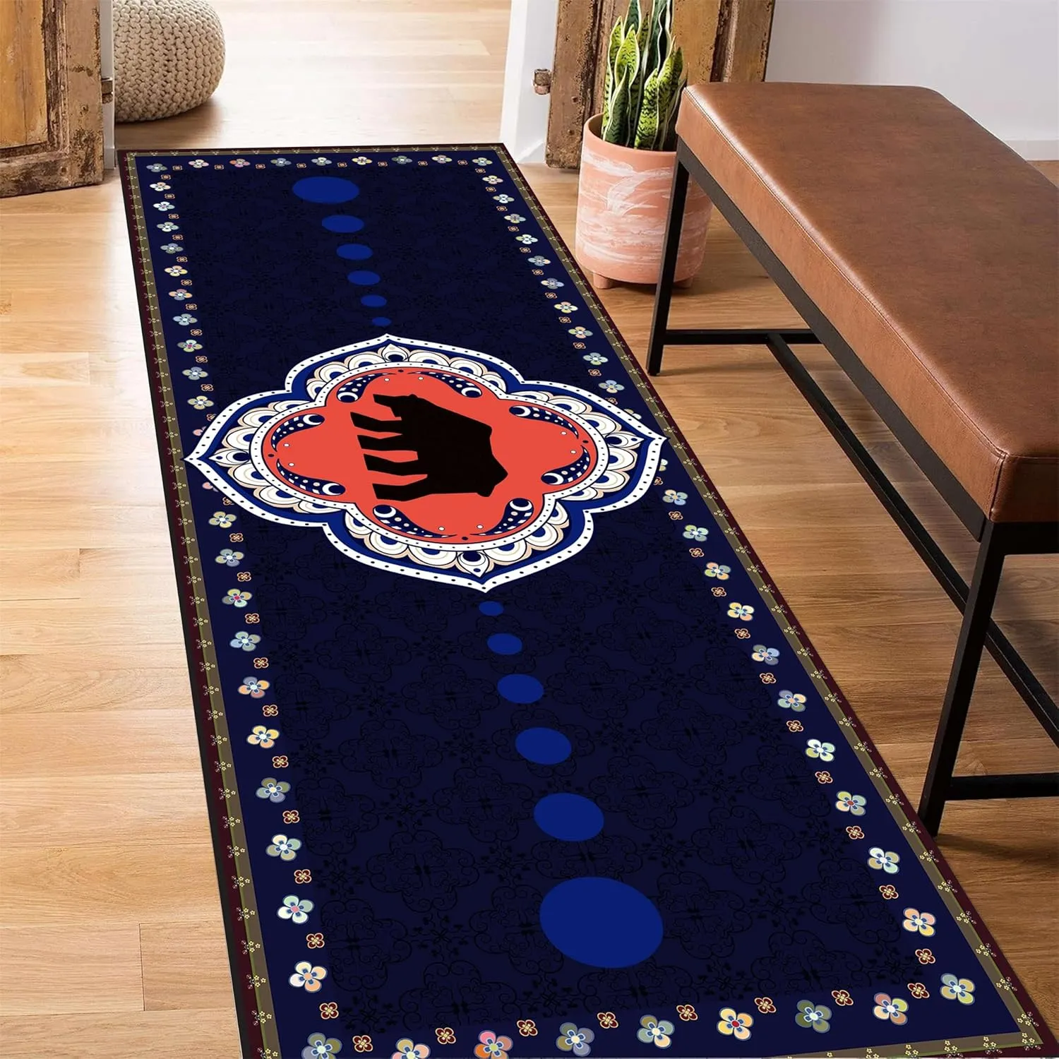 Black Bear Runner Rug, 2x7ft Vintage Country Cabin Navy Blue Wildlife Hallway Long Rug, Non-Slip Durable for Kitchen Bathroom Entrance
