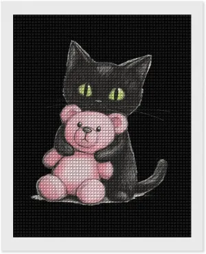 Black Cat Friend Teddy Bear Diamond Art Painting Kits Full Drill 5D Pictures Arts Craft for Home Wall Decor for Adults DIY Gift 16"x20"