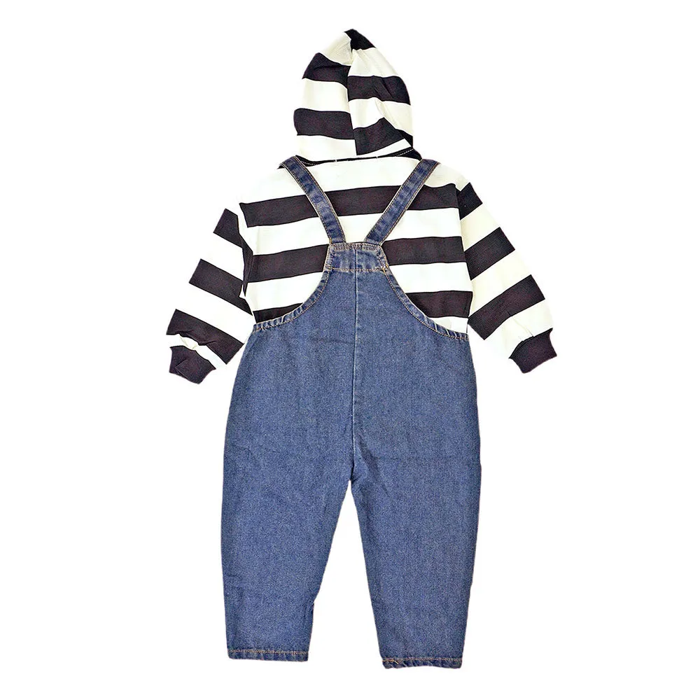 Black Stripes Teddy Bear Soft Toy Dungary Style 2 Pc Clothing Set For Toddlers And Kids