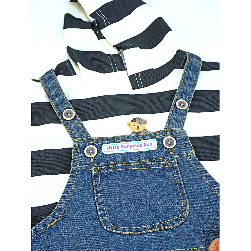 Black Stripes Teddy Bear Soft Toy Dungary Style 2 Pc Clothing Set For Toddlers And Kids