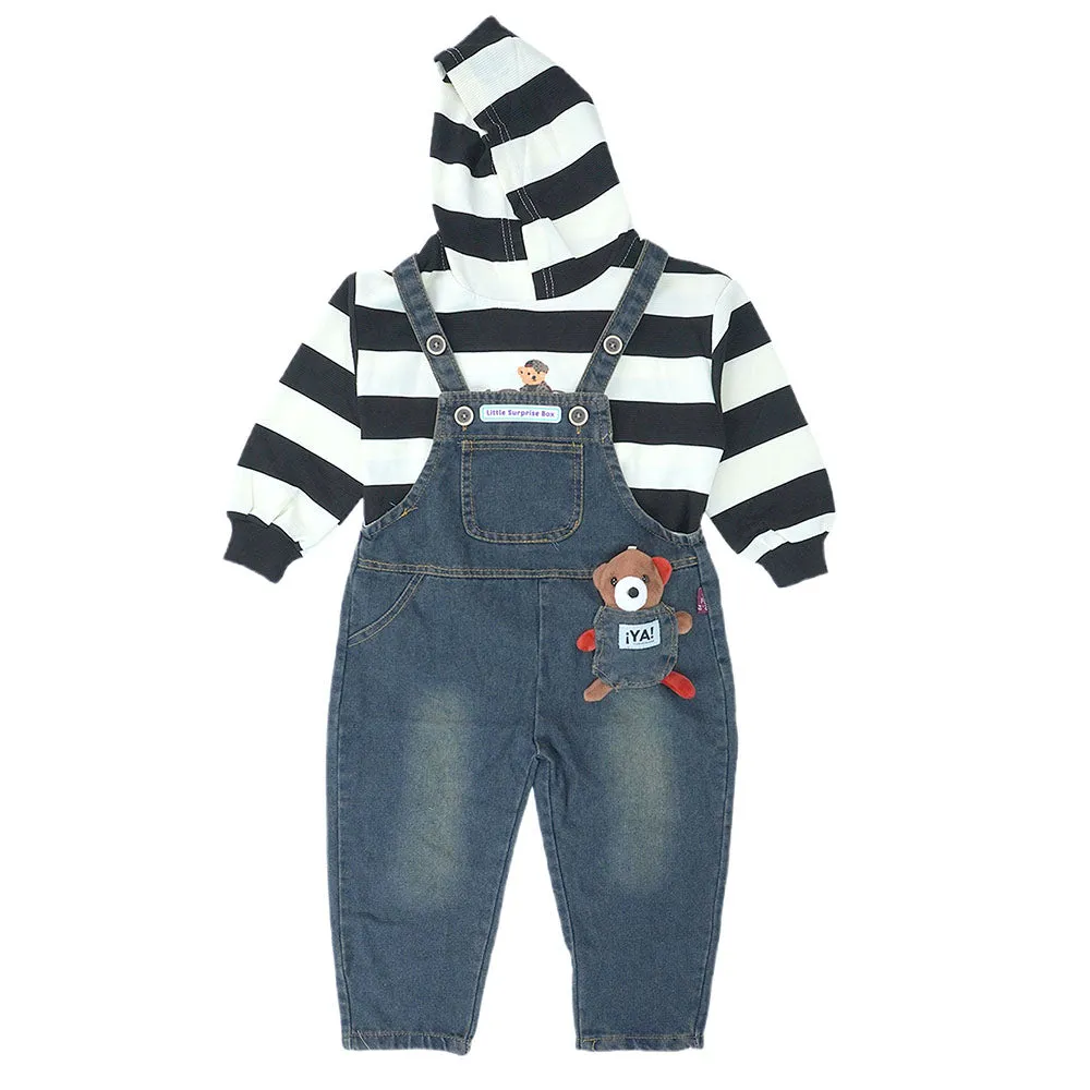 Black Stripes Teddy Bear Soft Toy Dungary Style 2 Pc Clothing Set For Toddlers And Kids