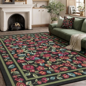 Black Area Rug 6x9 Washable Living Room Non Slip Bedroom Soft Floral Indoor Carpet Vintage Low Pile Accent Throw Rug for Office Dining Room Nursery Farmhouse