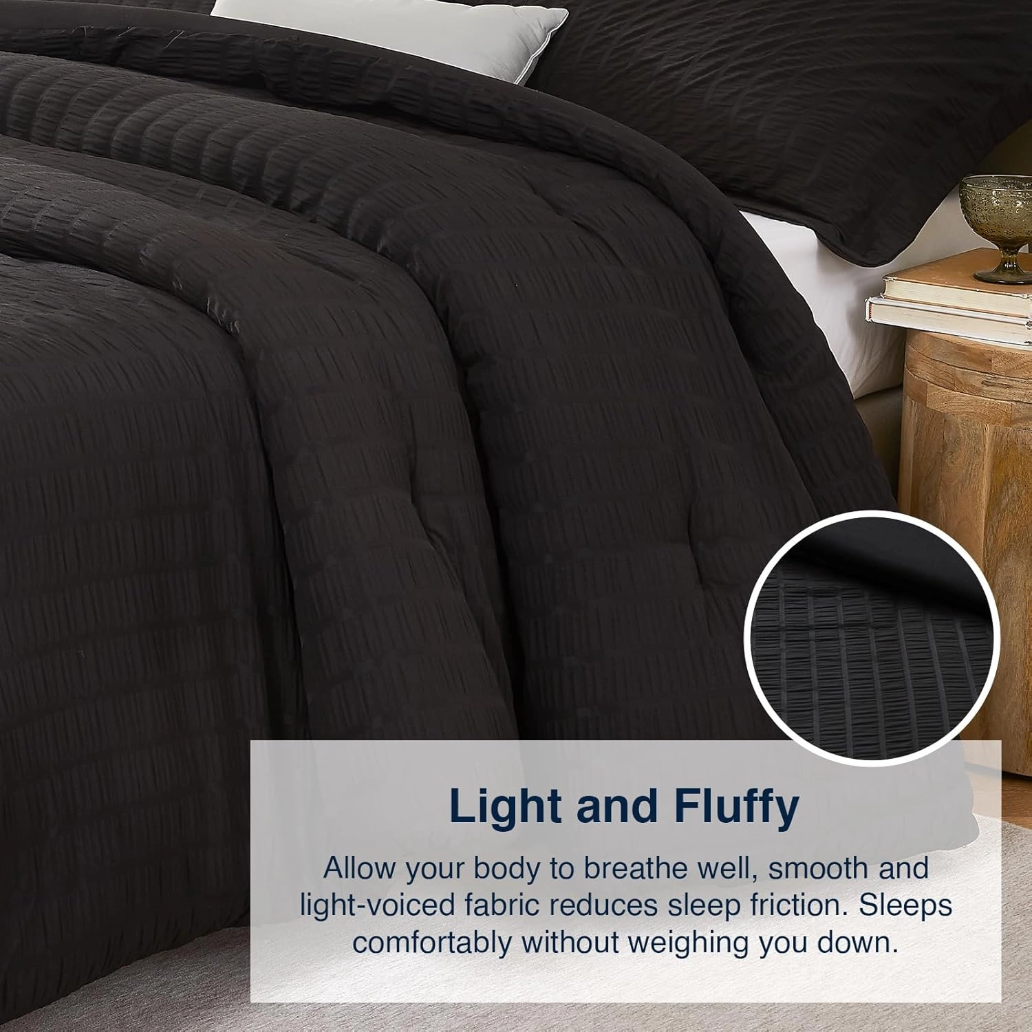 Black Full Comforter Set - 3 Pieces Seersucker Lightweight Bedding Comforter Sets (1 Soft Fluffy Comforter & 2 Pillowcases) - All Seasons Cozy Luxury Bed Sets for Women Men