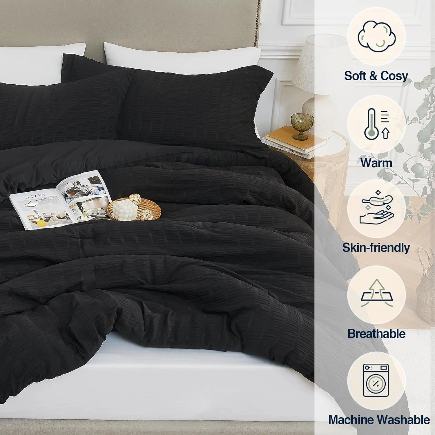 Black Full Comforter Set - 3 Pieces Seersucker Lightweight Bedding Comforter Sets (1 Soft Fluffy Comforter & 2 Pillowcases) - All Seasons Cozy Luxury Bed Sets for Women Men