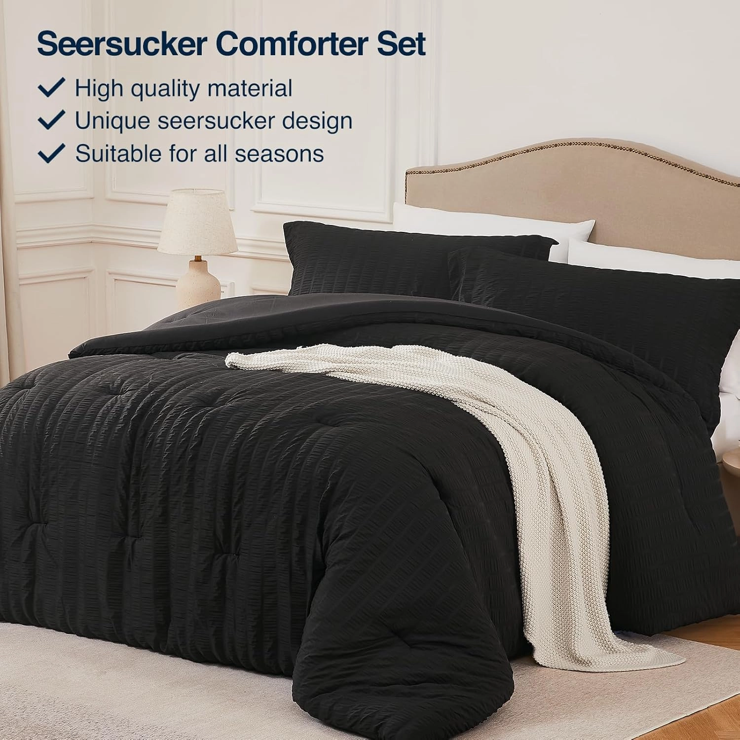 Black Full Comforter Set - 3 Pieces Seersucker Lightweight Bedding Comforter Sets (1 Soft Fluffy Comforter & 2 Pillowcases) - All Seasons Cozy Luxury Bed Sets for Women Men