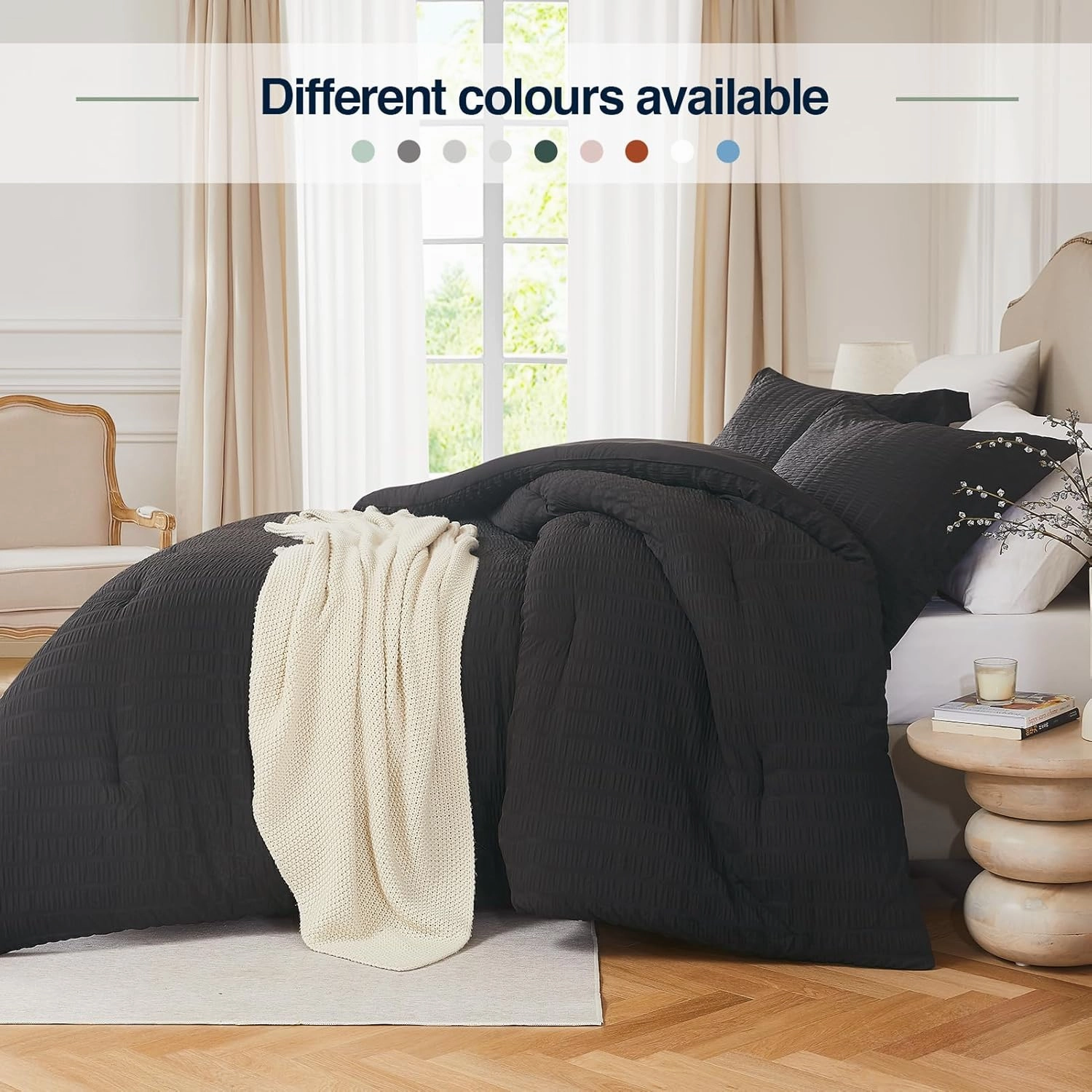 Black Full Comforter Set - 3 Pieces Seersucker Lightweight Bedding Comforter Sets (1 Soft Fluffy Comforter & 2 Pillowcases) - All Seasons Cozy Luxury Bed Sets for Women Men