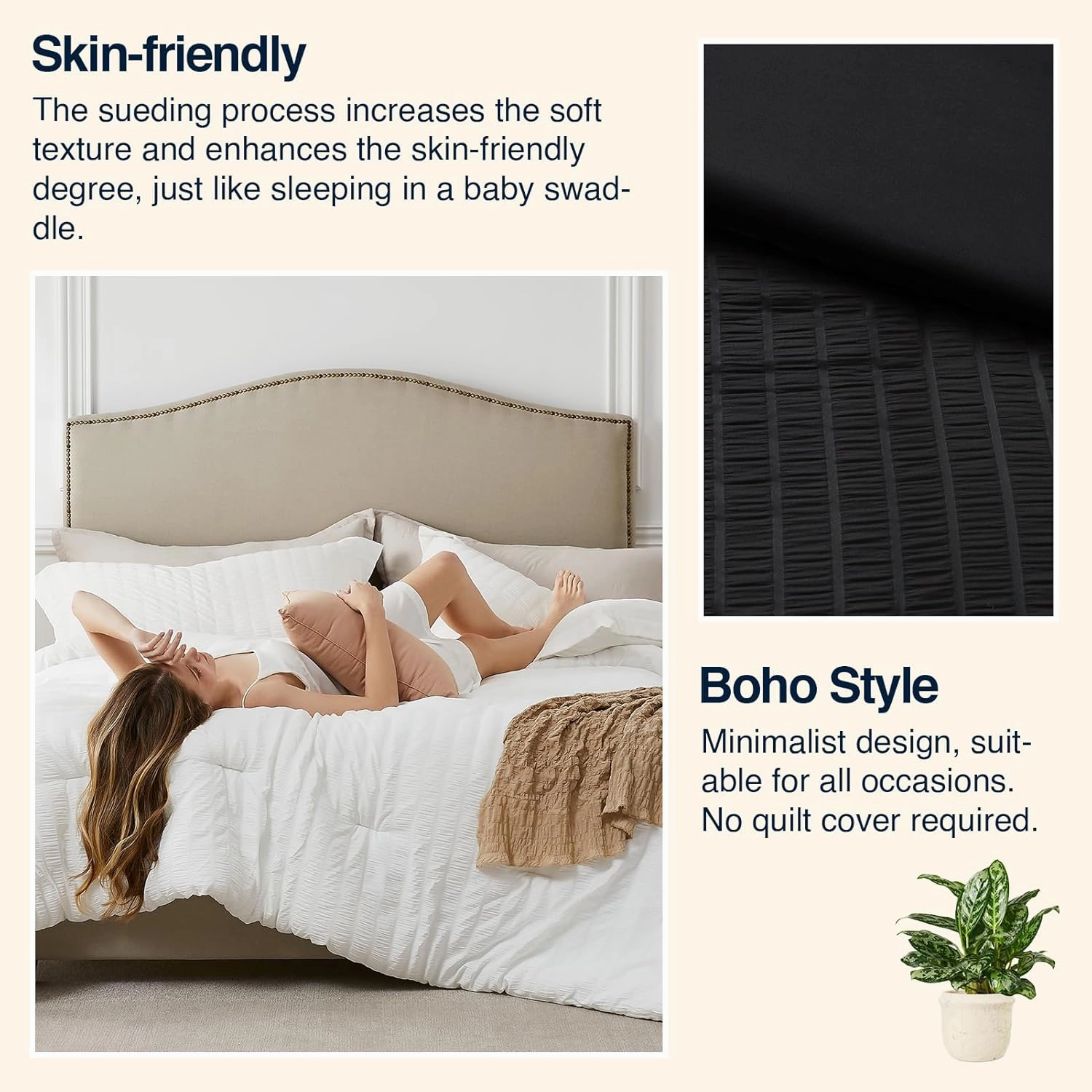 Black Full Comforter Set - 3 Pieces Seersucker Lightweight Bedding Comforter Sets (1 Soft Fluffy Comforter & 2 Pillowcases) - All Seasons Cozy Luxury Bed Sets for Women Men