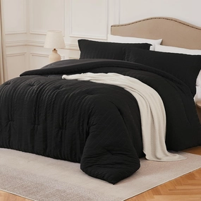 Black Full Comforter Set - 3 Pieces Seersucker Lightweight Bedding Comforter Sets (1 Soft Fluffy Comforter & 2 Pillowcases) - All Seasons Cozy Luxury Bed Sets for Women Men