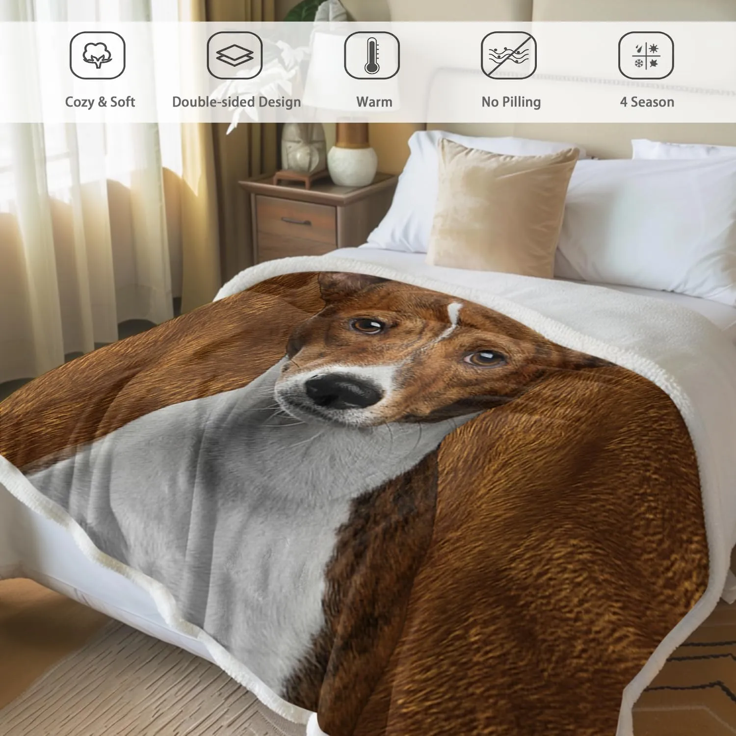 BlessLiving Basenji Throw Soft Blanket Sherpa Fleece Lined Blanket Pet and Dog Lovers Home Throw Blankets (Twin, 60 x 80 Inches)