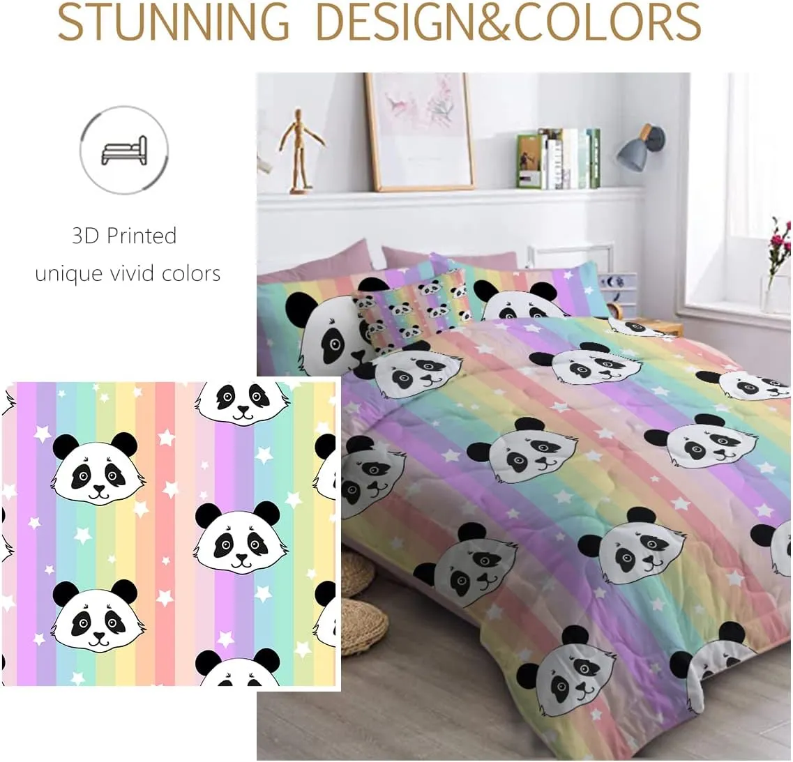 BlessLiving Kids Panda Comforter Sets for Girls Boys, Rainbow Panda Bear King Size Bedding Set 8-Pieces Bed in a Bag, Ultra Soft Microfiber Comforter and Sheet Sets, All Season Durable Bed Set