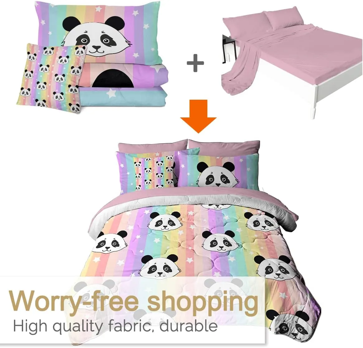 BlessLiving Kids Panda Comforter Sets for Girls Boys, Rainbow Panda Bear King Size Bedding Set 8-Pieces Bed in a Bag, Ultra Soft Microfiber Comforter and Sheet Sets, All Season Durable Bed Set