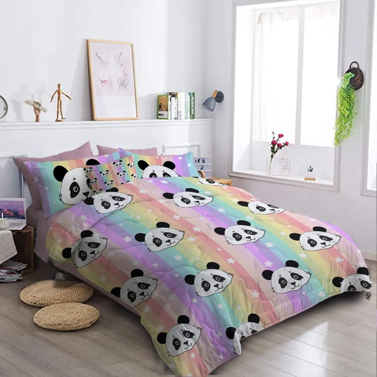 BlessLiving Kids Panda Comforter Sets for Girls Boys, Rainbow Panda Bear King Size Bedding Set 8-Pieces Bed in a Bag, Ultra Soft Microfiber Comforter and Sheet Sets, All Season Durable Bed Set