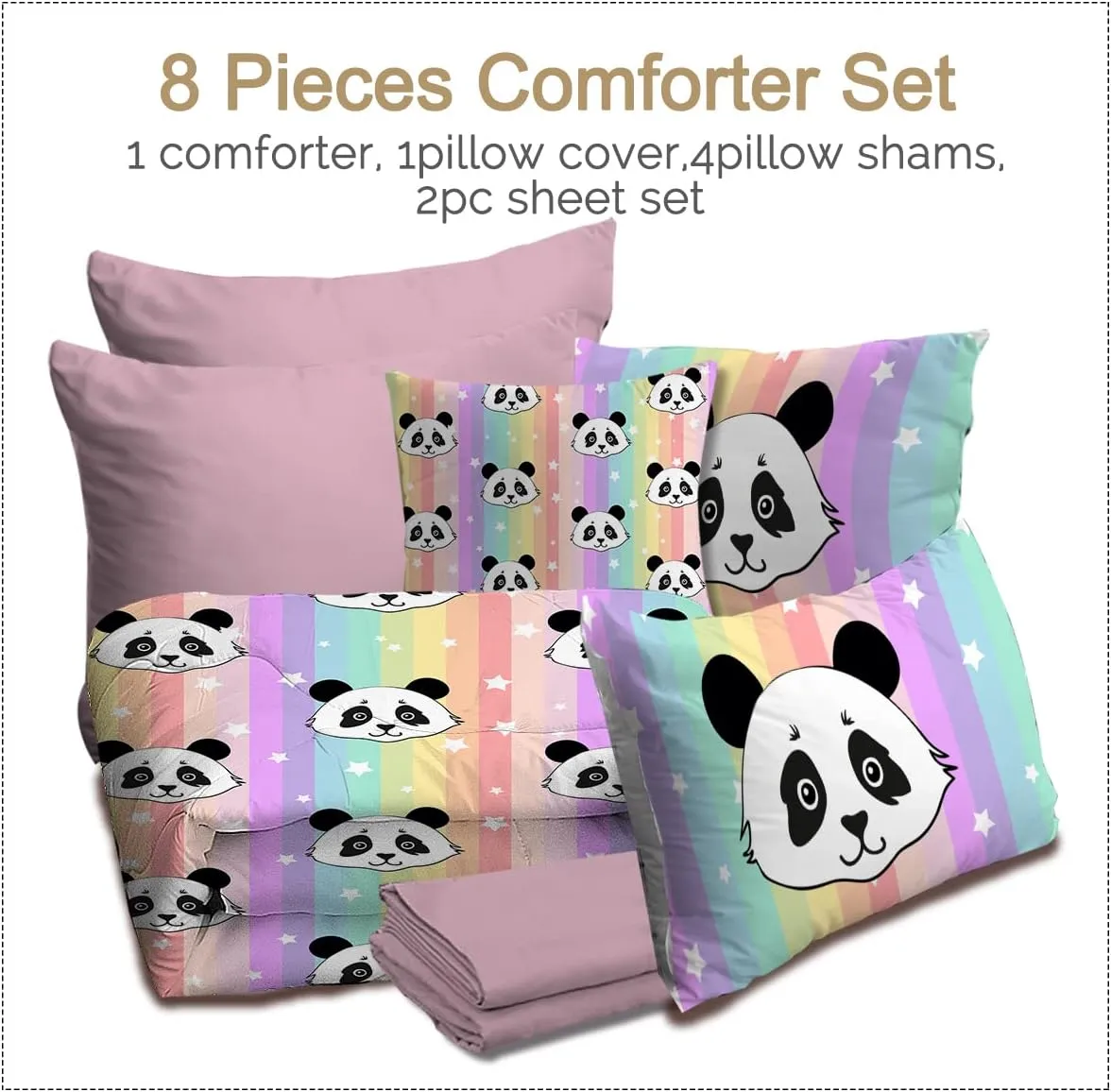 BlessLiving Kids Panda Comforter Sets for Girls Boys, Rainbow Panda Bear King Size Bedding Set 8-Pieces Bed in a Bag, Ultra Soft Microfiber Comforter and Sheet Sets, All Season Durable Bed Set