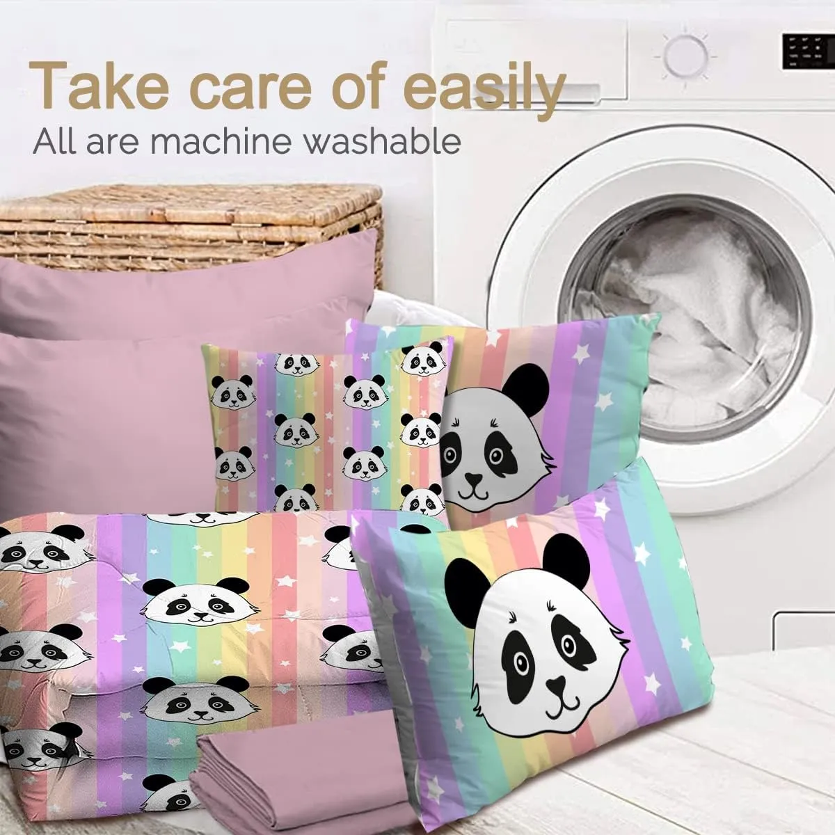 BlessLiving Kids Panda Comforter Sets for Girls Boys, Rainbow Panda Bear King Size Bedding Set 8-Pieces Bed in a Bag, Ultra Soft Microfiber Comforter and Sheet Sets, All Season Durable Bed Set