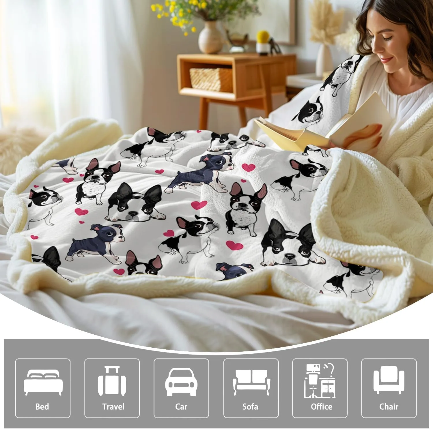 BlessLiving Red Hearts Dog Cat Print Plush Blanket Cute Puppy for Kids Adults 3D Animal Print Plush Blanket Gift for Pet Lovers (Boston Terrier,Twin, 60 x 80 Inches)