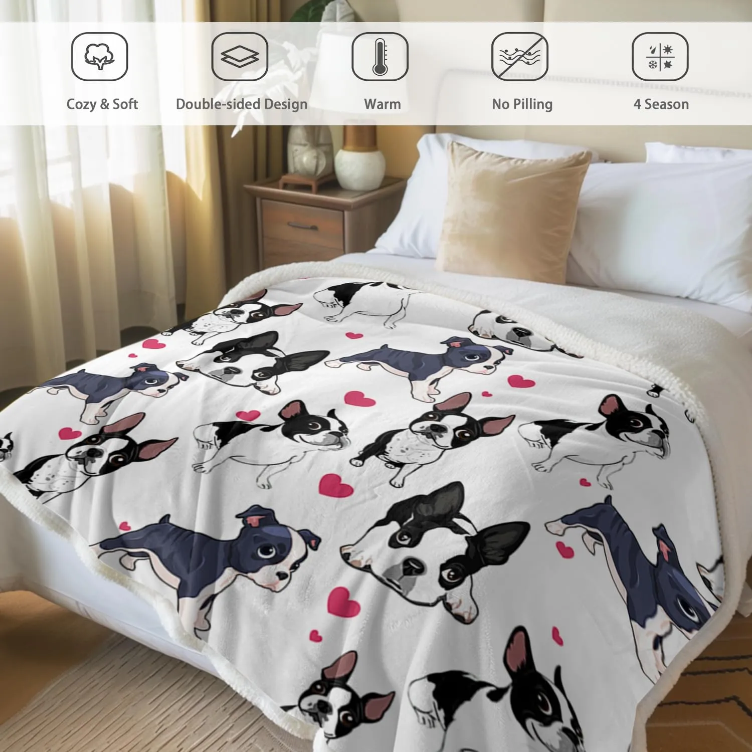 BlessLiving Red Hearts Dog Cat Print Plush Blanket Cute Puppy for Kids Adults 3D Animal Print Plush Blanket Gift for Pet Lovers (Boston Terrier,Twin, 60 x 80 Inches)