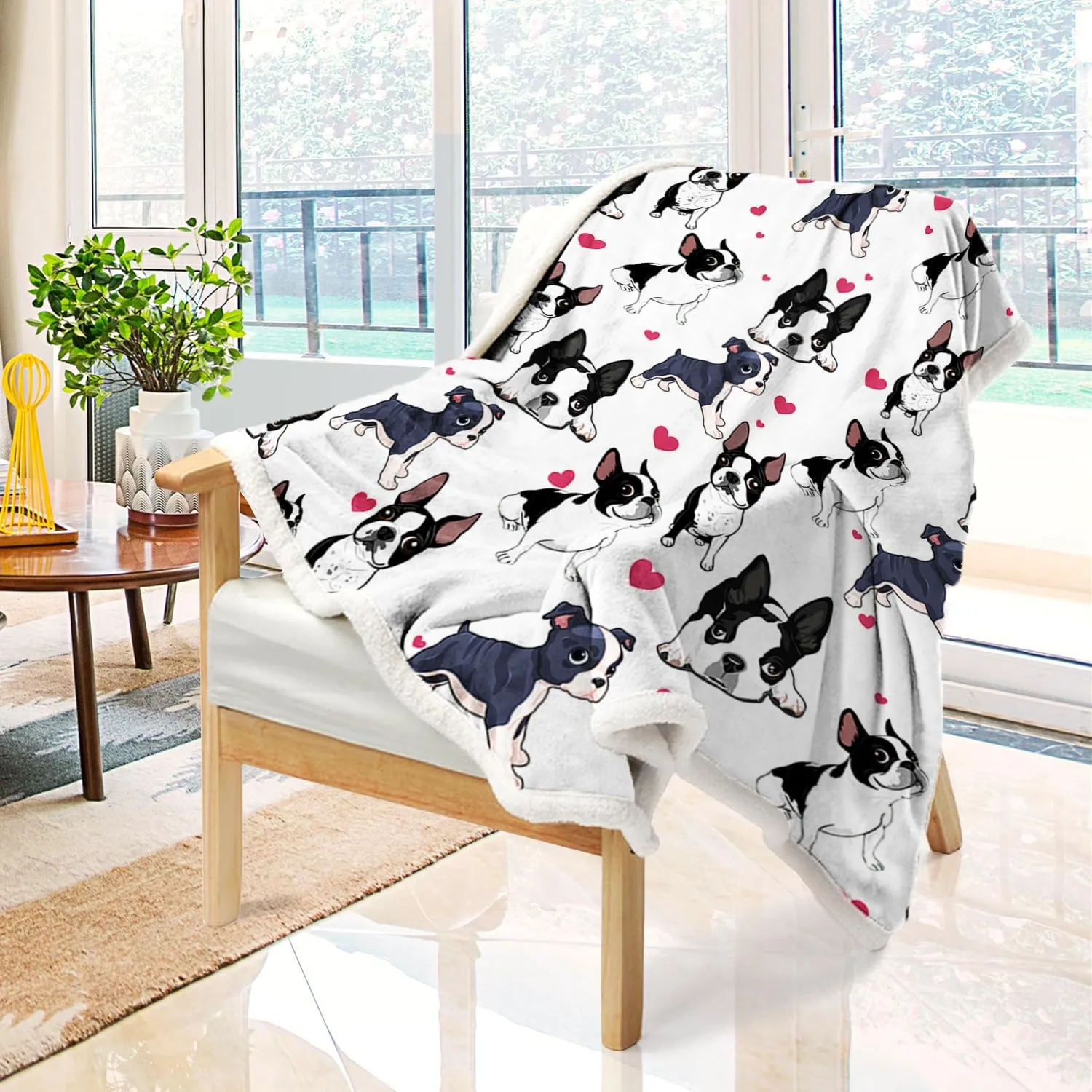 BlessLiving Red Hearts Dog Cat Print Plush Blanket Cute Puppy for Kids Adults 3D Animal Print Plush Blanket Gift for Pet Lovers (Boston Terrier,Twin, 60 x 80 Inches)