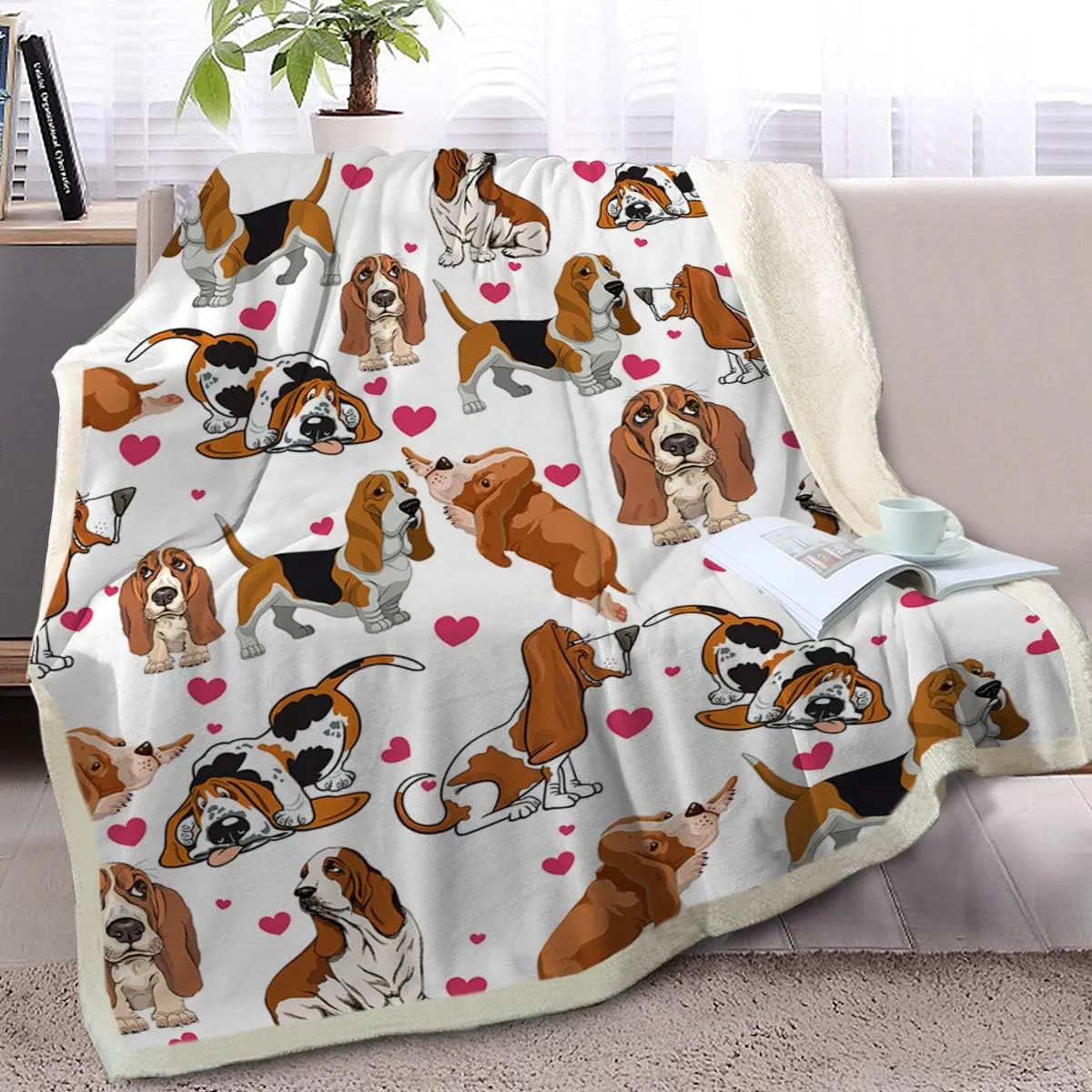 BlessLiving Red Hearts Dog Print Sherpa Plush Blanket Cute Puppy for Kids Adults 3D Animal Print Lightweight Blanket Bassett Hound Gifts Gift for Pet Lovers (Basset Hound,Twin, 60 x 80 Inches)