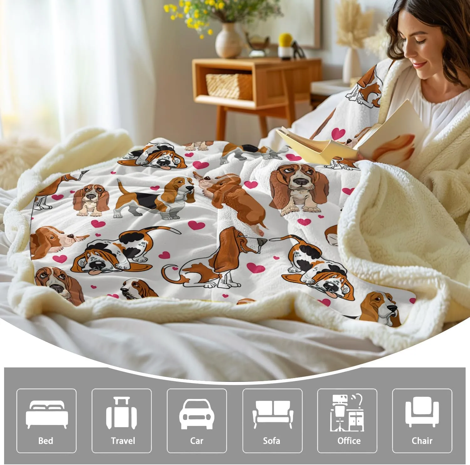 BlessLiving Red Hearts Dog Print Sherpa Plush Blanket Cute Puppy for Kids Adults 3D Animal Print Lightweight Blanket Bassett Hound Gifts Gift for Pet Lovers (Basset Hound,Twin, 60 x 80 Inches)