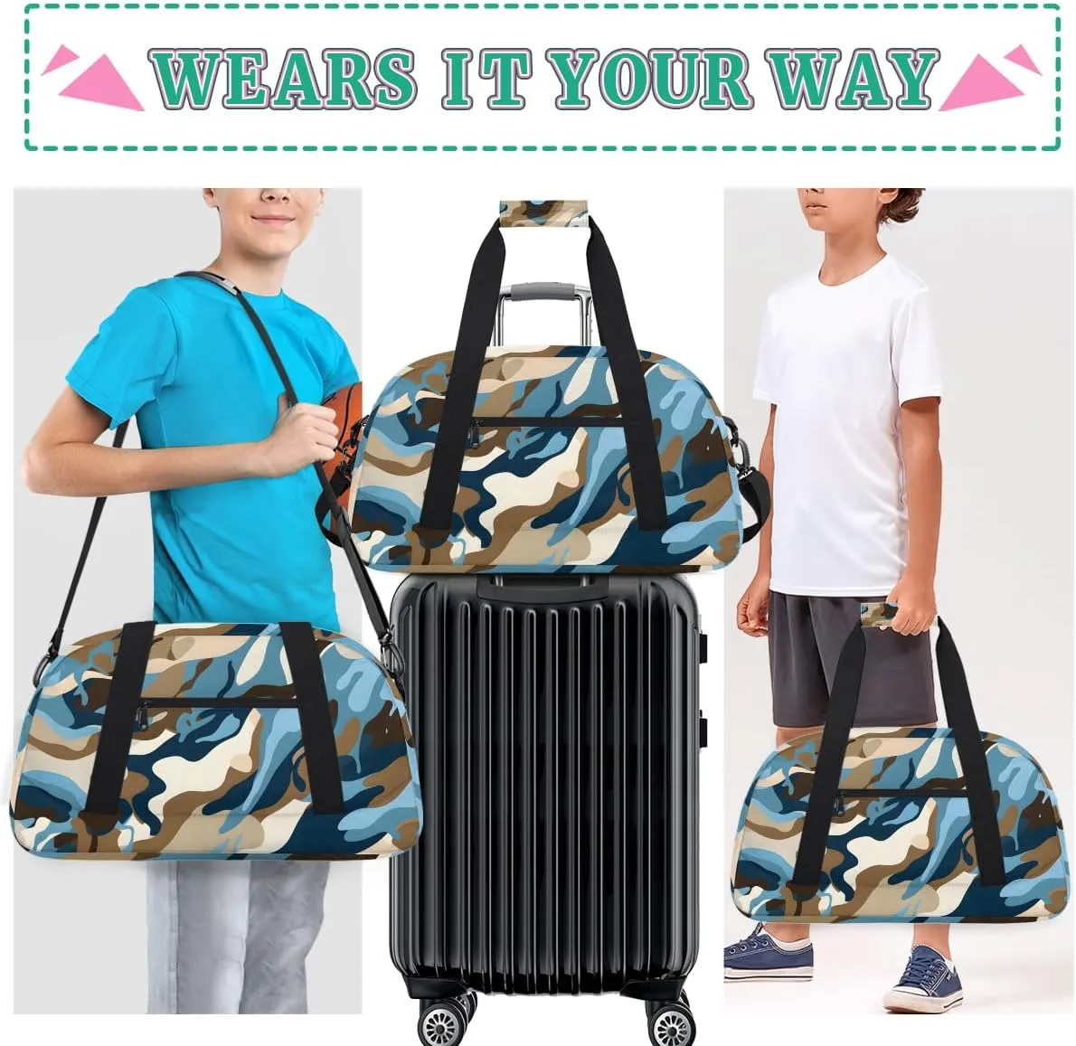 Blue Camouflage Kids Overnighter Duffel Bags for Boys, Carry-On Size Sports Gym Bag with Front Zipper Pocket for School Practice or Overnight Travel Weekender Sleepover Tote Bag