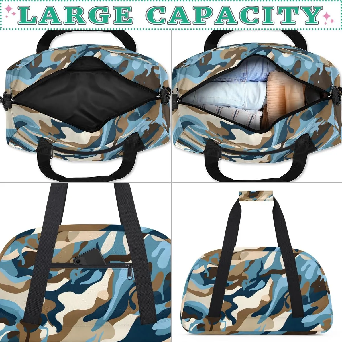 Blue Camouflage Kids Overnighter Duffel Bags for Boys, Carry-On Size Sports Gym Bag with Front Zipper Pocket for School Practice or Overnight Travel Weekender Sleepover Tote Bag