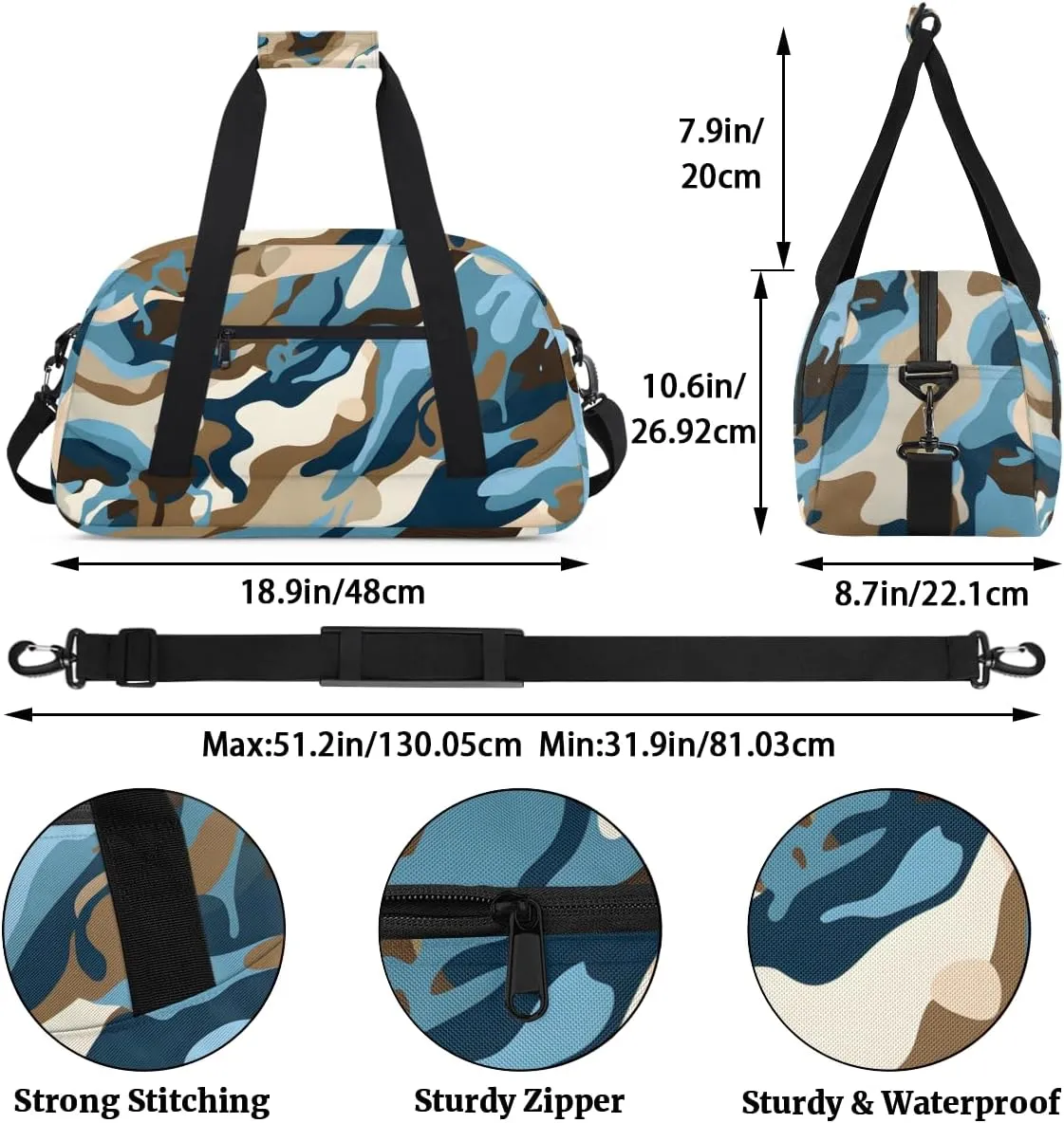 Blue Camouflage Kids Overnighter Duffel Bags for Boys, Carry-On Size Sports Gym Bag with Front Zipper Pocket for School Practice or Overnight Travel Weekender Sleepover Tote Bag
