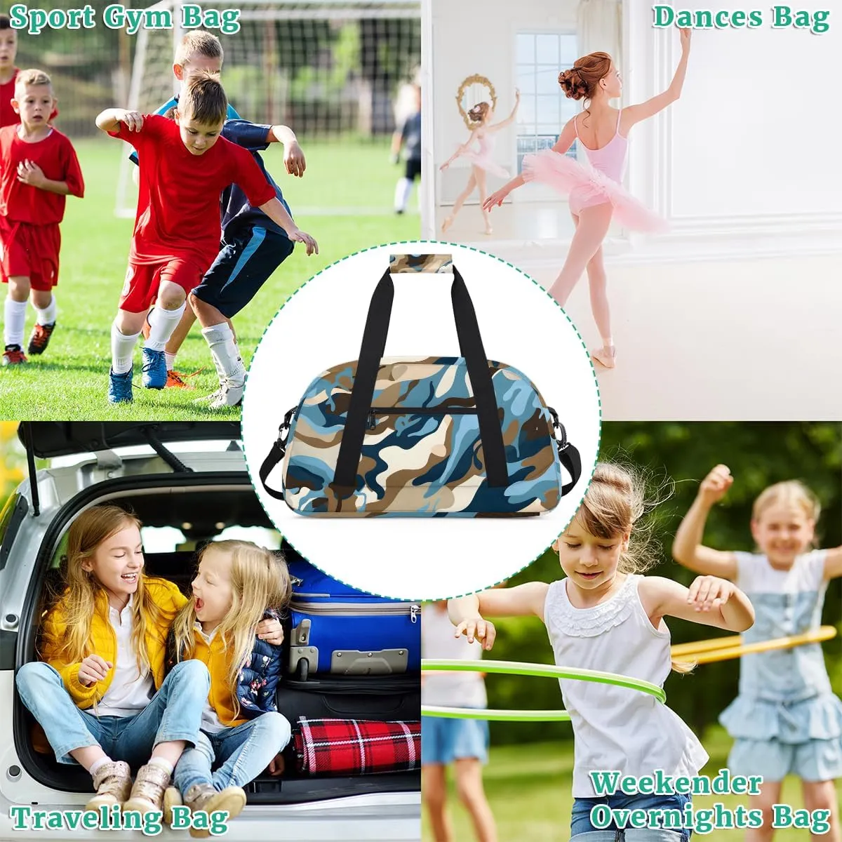 Blue Camouflage Kids Overnighter Duffel Bags for Boys, Carry-On Size Sports Gym Bag with Front Zipper Pocket for School Practice or Overnight Travel Weekender Sleepover Tote Bag