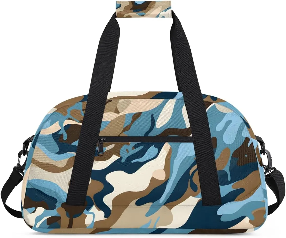 Blue Camouflage Kids Overnighter Duffel Bags for Boys, Carry-On Size Sports Gym Bag with Front Zipper Pocket for School Practice or Overnight Travel Weekender Sleepover Tote Bag