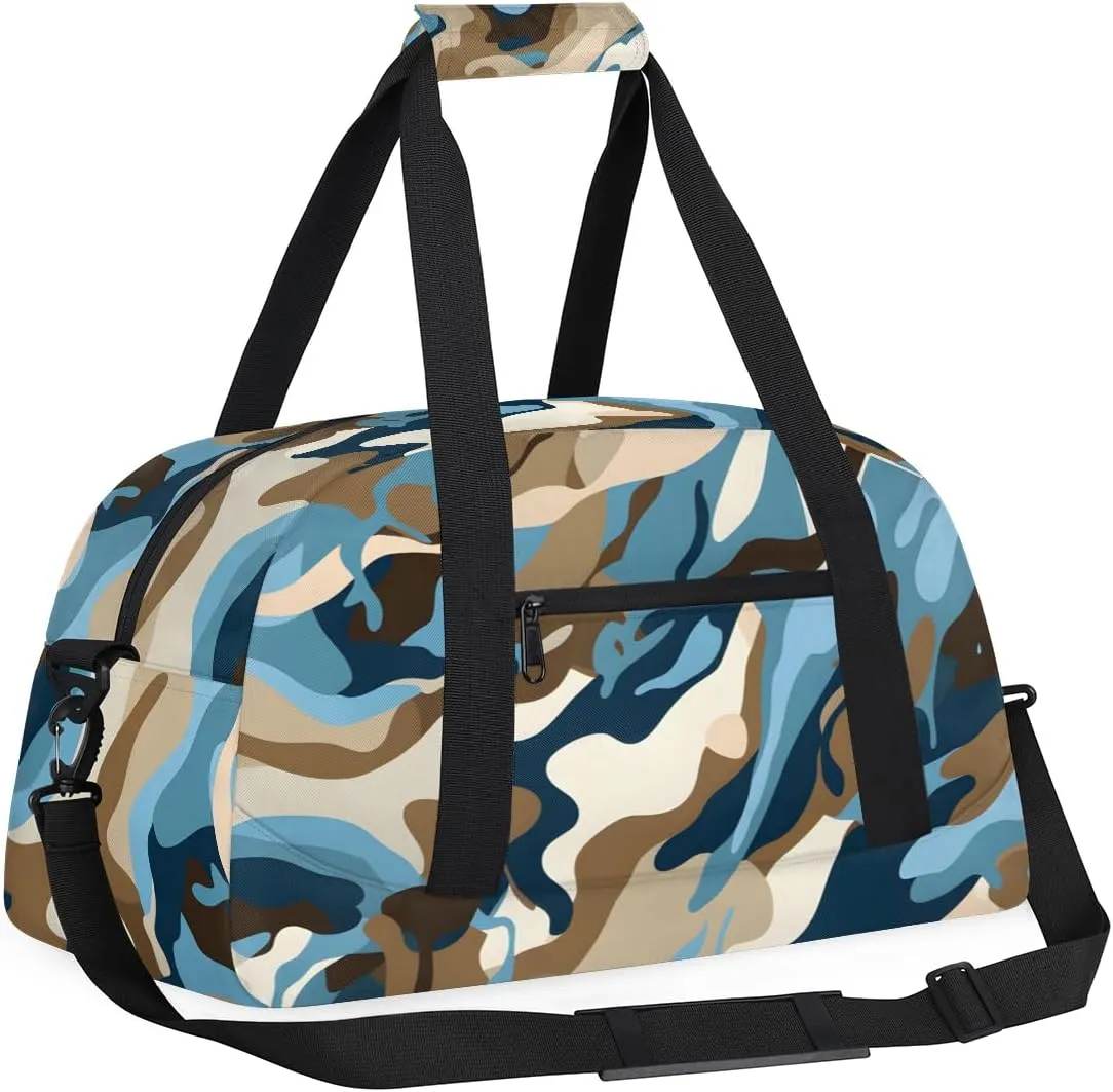 Blue Camouflage Kids Overnighter Duffel Bags for Boys, Carry-On Size Sports Gym Bag with Front Zipper Pocket for School Practice or Overnight Travel Weekender Sleepover Tote Bag
