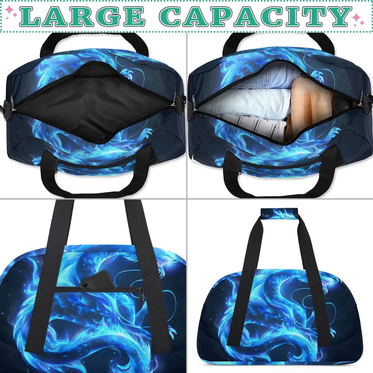 Blue Dinosaur Kids Overnighter Duffel Bags for Boys, Carry-On Size Sports Gym Bag with Front Zipper Pocket for School Practice or Overnight Travel Weekender Sleepover Tote Bag