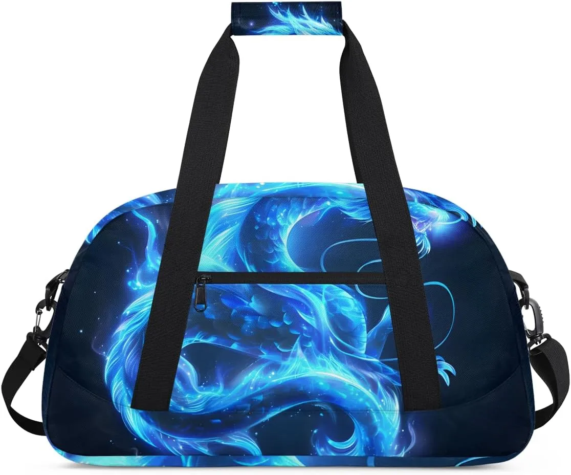 Blue Dinosaur Kids Overnighter Duffel Bags for Boys, Carry-On Size Sports Gym Bag with Front Zipper Pocket for School Practice or Overnight Travel Weekender Sleepover Tote Bag