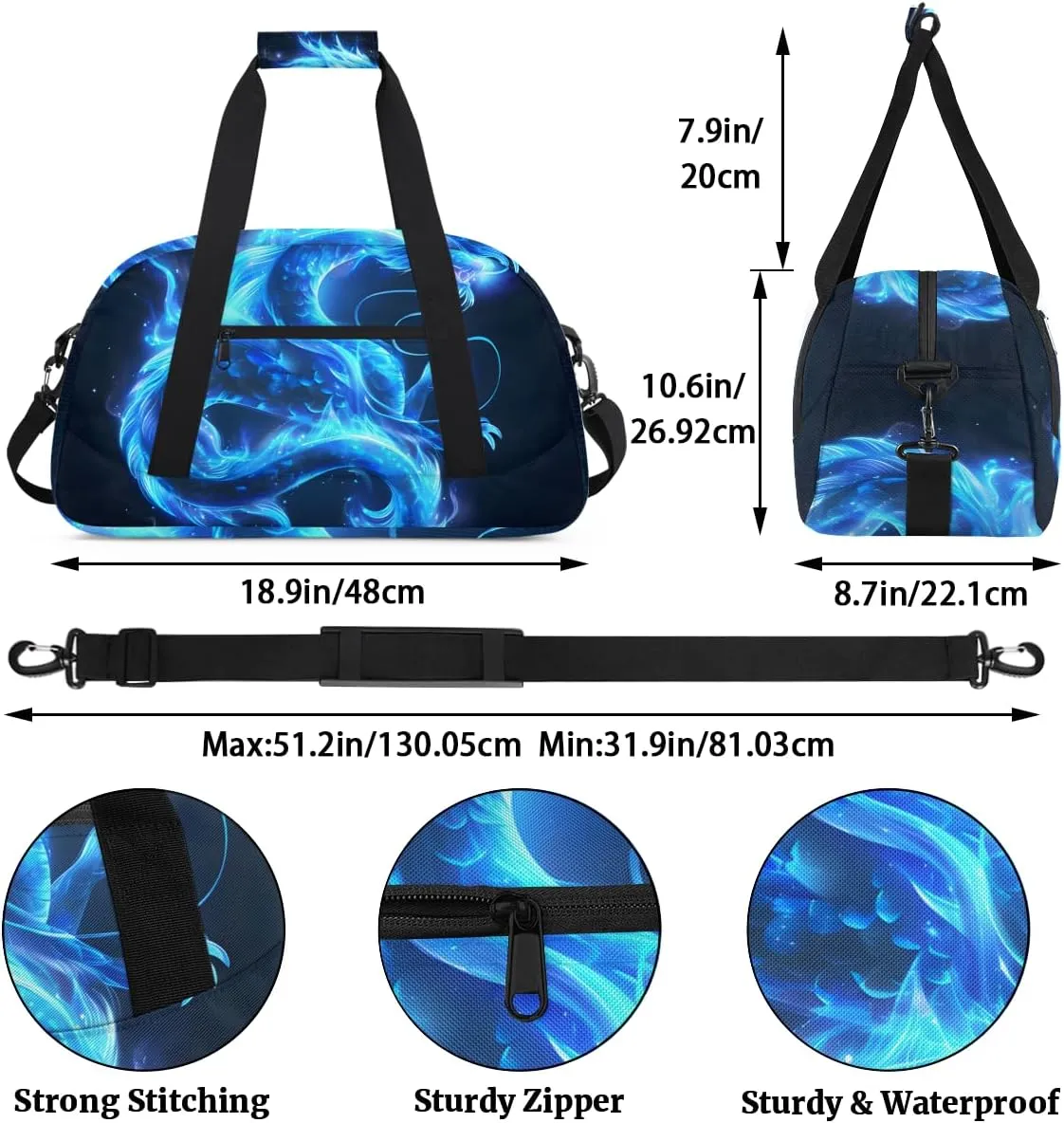 Blue Dinosaur Kids Overnighter Duffel Bags for Boys, Carry-On Size Sports Gym Bag with Front Zipper Pocket for School Practice or Overnight Travel Weekender Sleepover Tote Bag