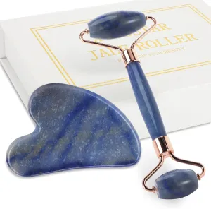 Blue Jade Roller & Guasha Set Natural Stone Beaded Bracelets 2pcs Holiday Gift