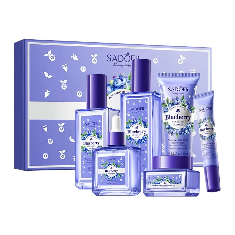 Blueberry Extract Skincare Gift Set - 6 Piece Facial Care Kit with Cleanser, Toner, Cream, Serum, Lotion & Eye Cream | Hydrating Routine for All Skin Types | Women’s Skincare Gift