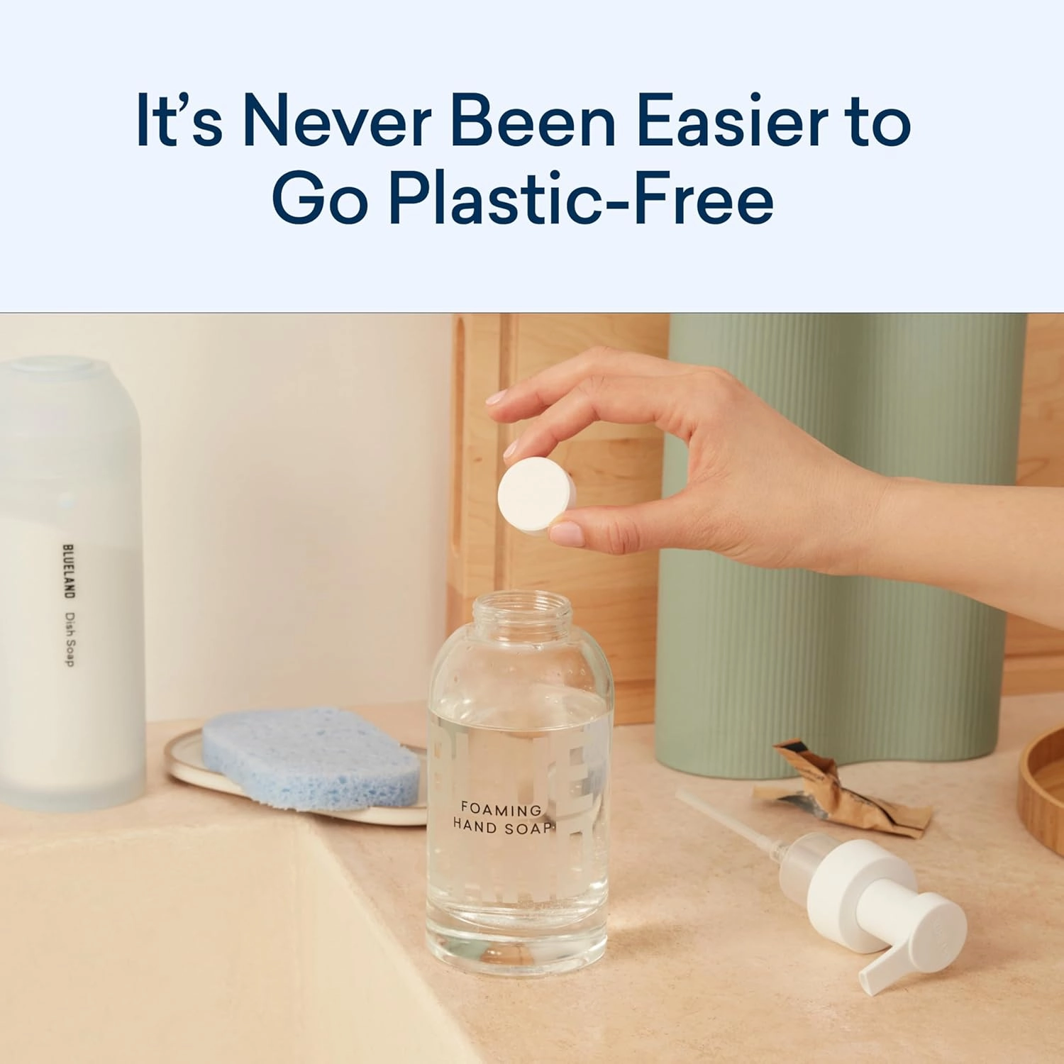 BLUELAND Hand Soap Starter Set, 1 Refillable Glass Foaming Hand Soap Dispenser with 4 Refill Tablets, Variety Scents, 4 x 9 Fl oz