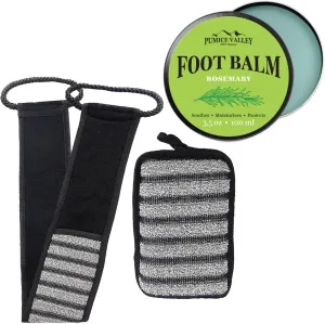 Body Scrubber Set of 2 pcs - Bath Sponge with Bamboo Charcoal for Shower & Double Sided Back Scrubber for Men & Women - Pumice Valley Foot Balm Cream for Dry Cracked Heels and Feet