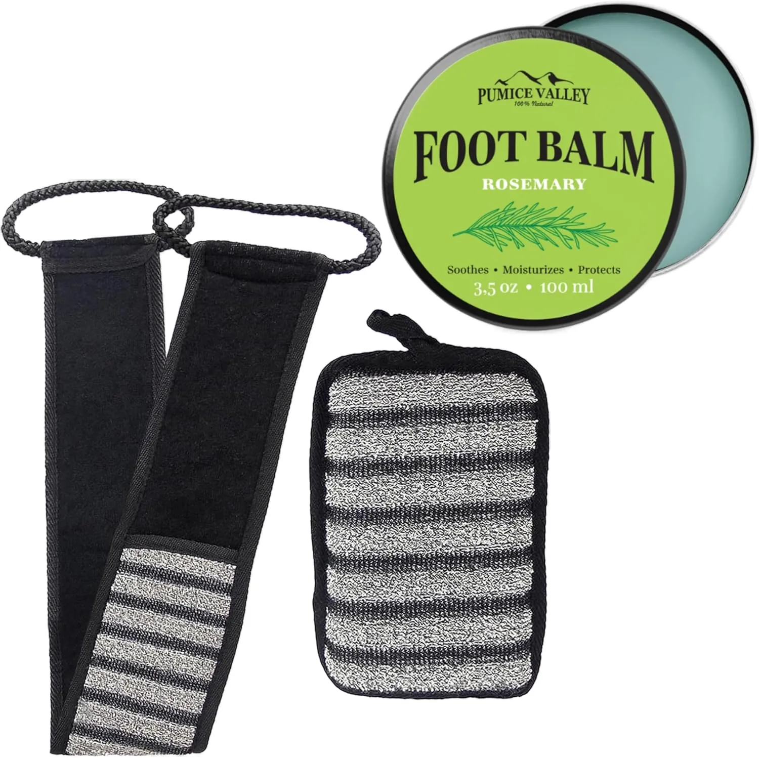 Body Scrubber Set of 2 pcs - Bath Sponge with Bamboo Charcoal for Shower & Double Sided Back Scrubber for Men & Women - Pumice Valley Foot Balm Cream for Dry Cracked Heels and Feet
