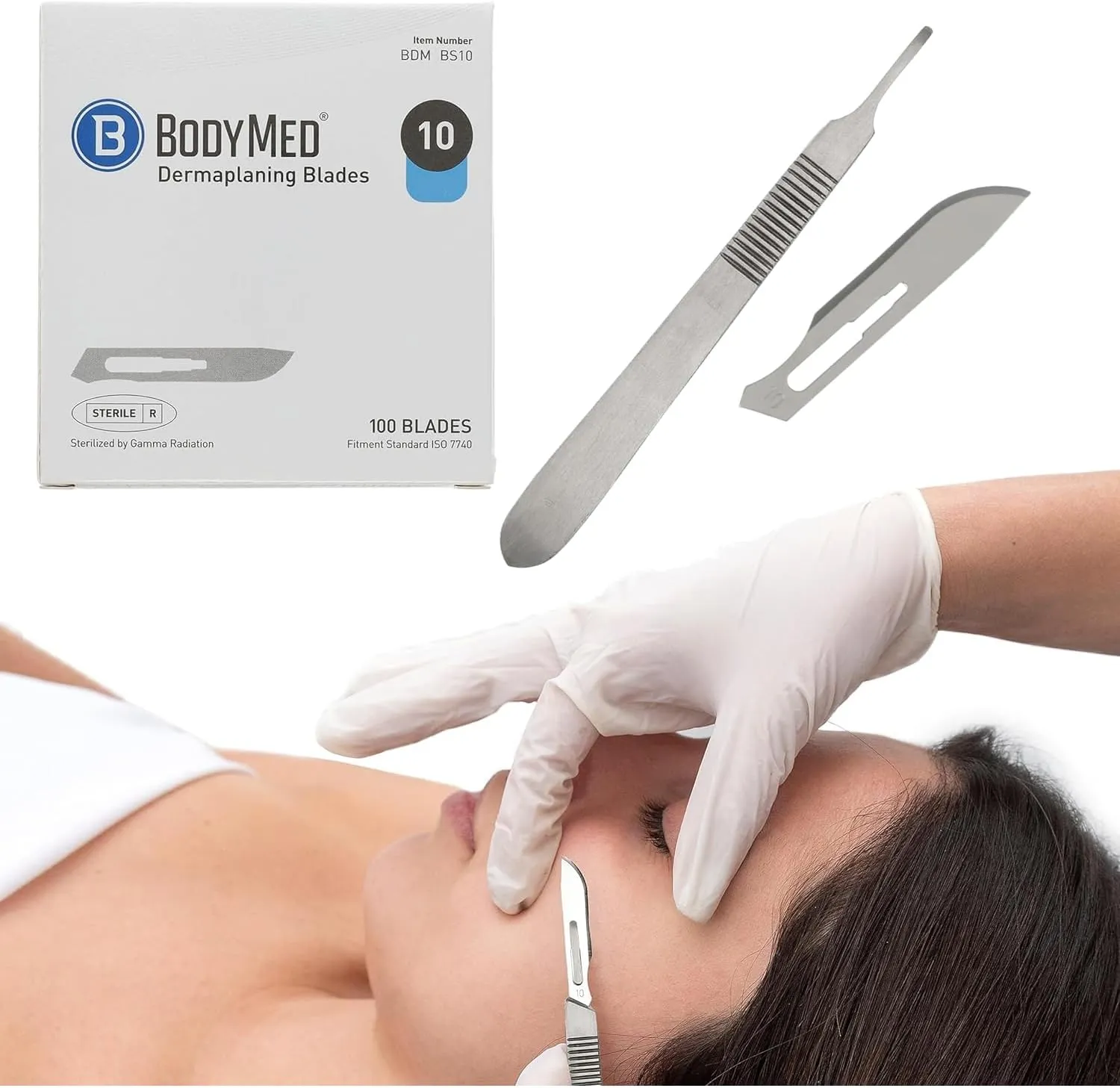 BodyMed Dermaplaning Blades #10 in Carbon Steel, 100 PCS with Handle- Sterile for Surgical, Skin Care, Hair Removal, and Podiatry Procedures - Small Detail Blade for Estheticians