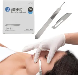 BodyMed Dermaplaning Blades #10 in Carbon Steel, 100 PCS with Handle- Sterile for Surgical, Skin Care, Hair Removal, and Podiatry Procedures - Small Detail Blade for Estheticians