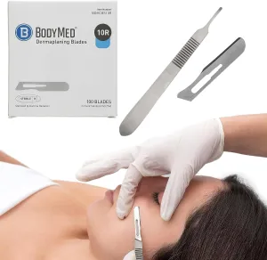 BodyMed Dermaplaning Blades #10R in Stainless Steel, 100 PCS with Handle - Sterile for Surgical, Skin Care, Hair Removal, and Podiatry Procedures with Rounded Tip for Estheticians