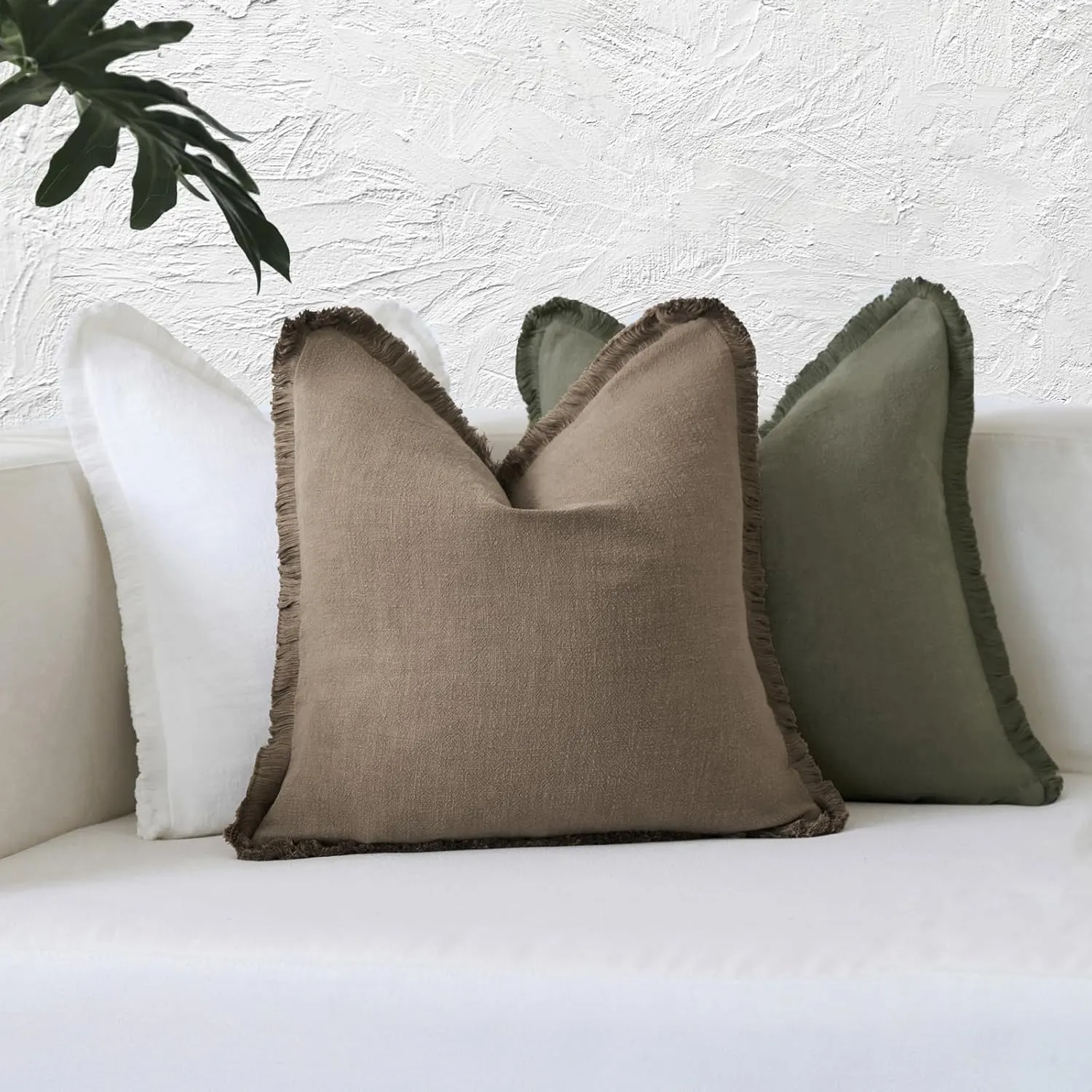 Boho Decorative Throw Pillow Covers with Fringe for Couch, Living Room, Bed Set of 2, 26x26 Inches, Khaki Brown