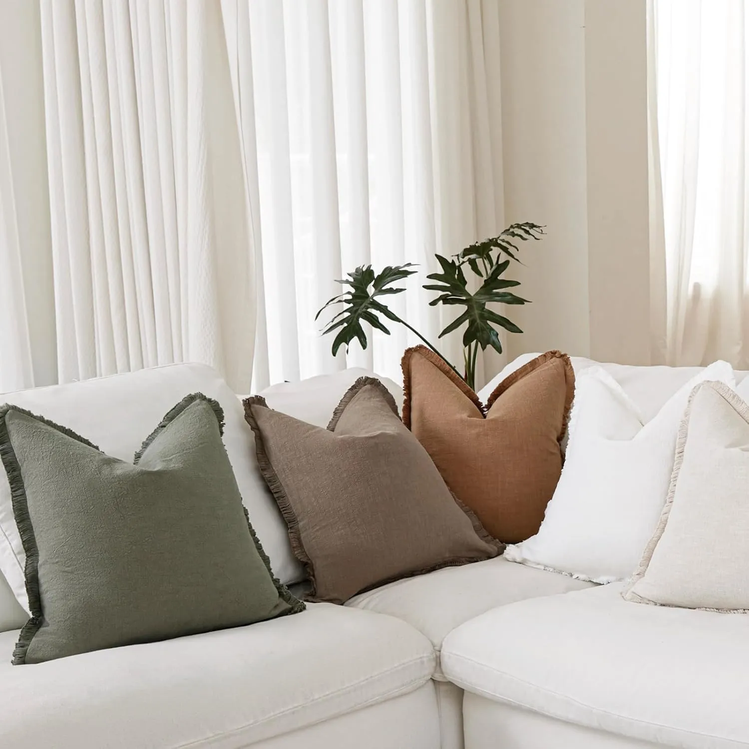 Boho Decorative Throw Pillow Covers with Fringe for Couch, Living Room, Bed Set of 2, 26x26 Inches, Khaki Brown