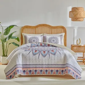 Boho Quilt Set King Size - Reversible Summer Bohemian Quilt Bedding Set, 3 Pieces Colorful Lightweight Microfiber Bedspread Cream Floral Stripes Coverlet Set with 2 Pillow Shams for All Seasons